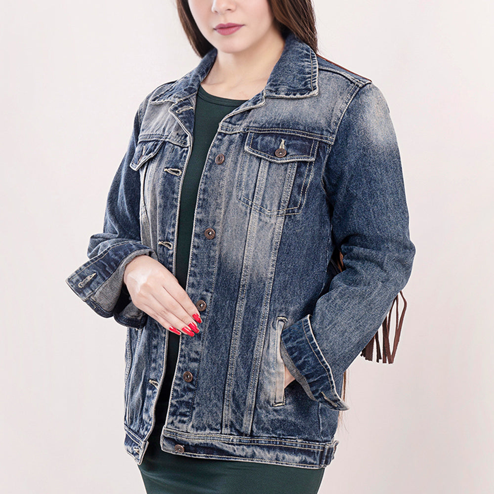 ADJKT016 Genuine leather Hand tooled hand carved Women 100% cotton Denim jacket dress ladies girl