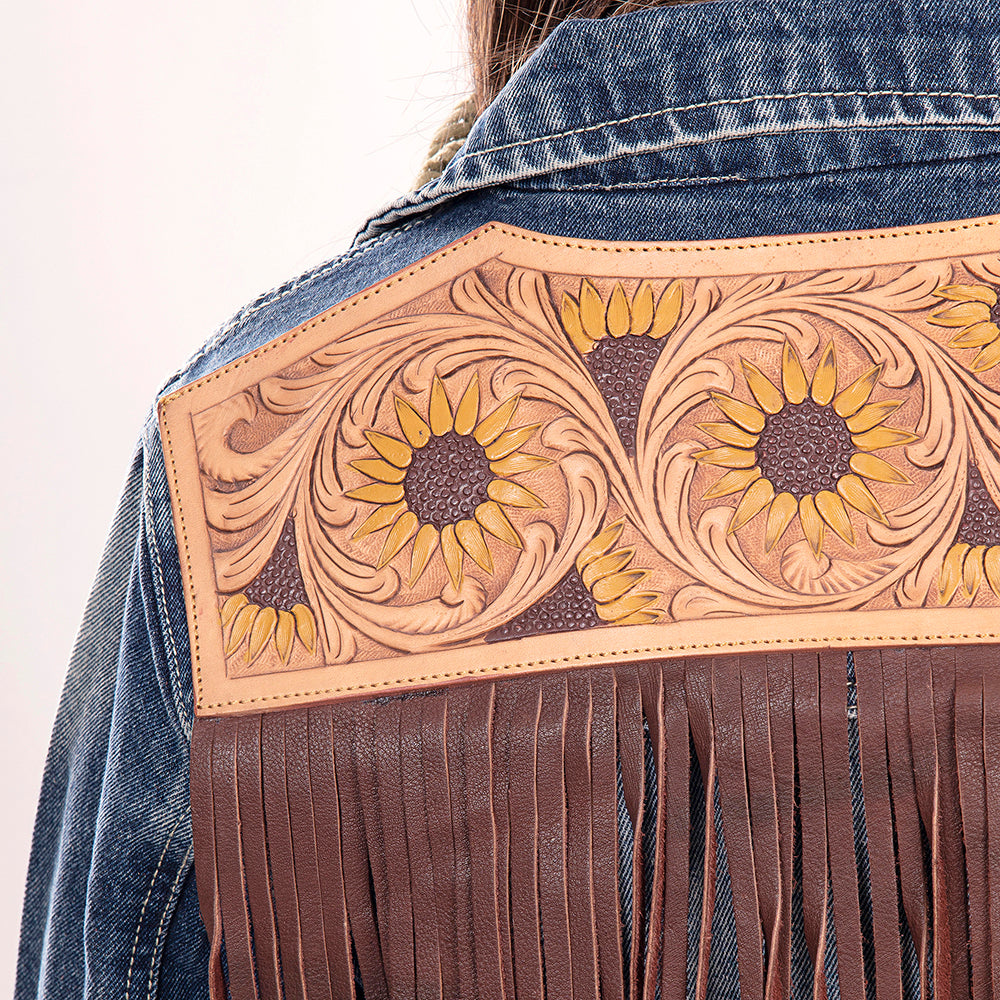 ADJKT016 Genuine leather Hand tooled hand carved Women 100% cotton Denim jacket dress ladies girl