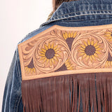 ADJKT016 Genuine leather Hand tooled hand carved Women 100% cotton Denim jacket dress ladies girl