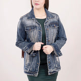 ADJKT016 Genuine leather Hand tooled hand carved Women 100% cotton Denim jacket dress ladies girl