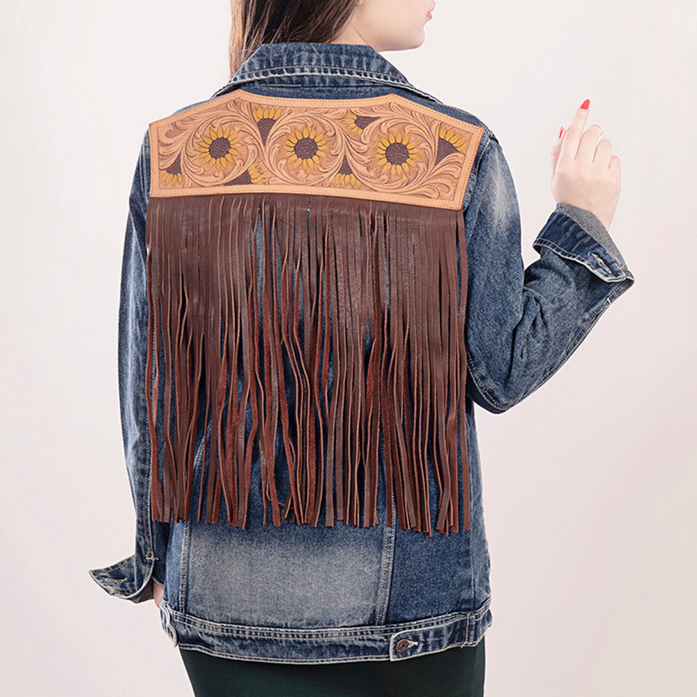 ADJKT016 Genuine leather Hand tooled hand carved Women 100% cotton Denim jacket dress ladies girl