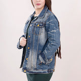 ADJKT017 Genuine leather Hand tooled hand carved Women 100% cotton Denim jacket dress ladies girl