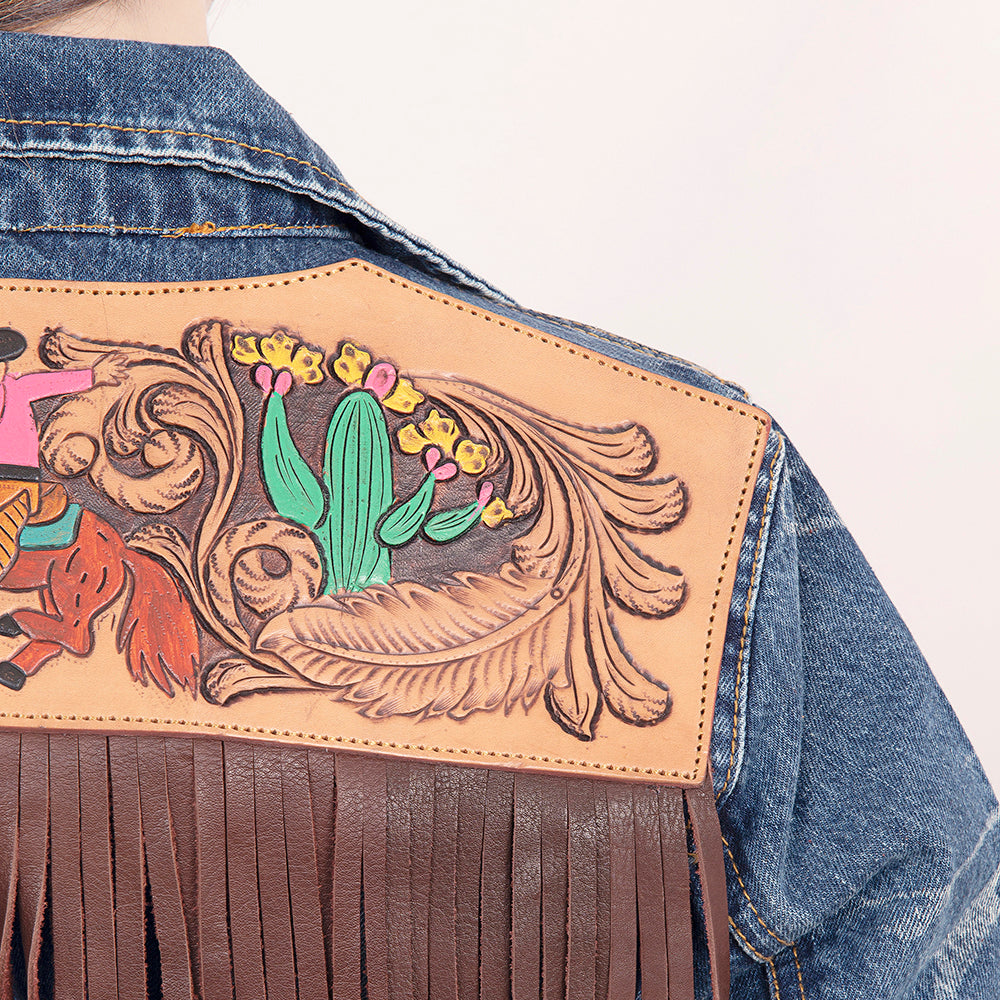 ADJKT017 Genuine leather Hand tooled hand carved Women 100% cotton Denim jacket dress ladies girl