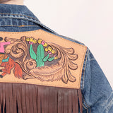 ADJKT017 Genuine leather Hand tooled hand carved Women 100% cotton Denim jacket dress ladies girl