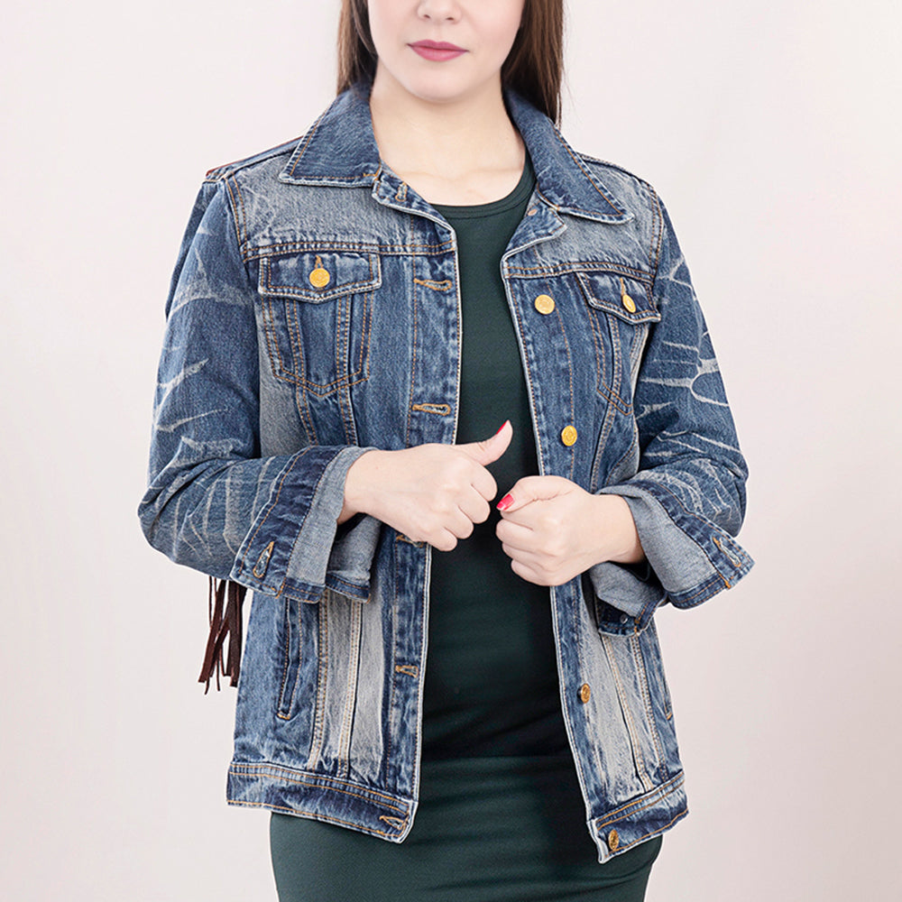 ADJKT017 Genuine leather Hand tooled hand carved Women 100% cotton Denim jacket dress ladies girl