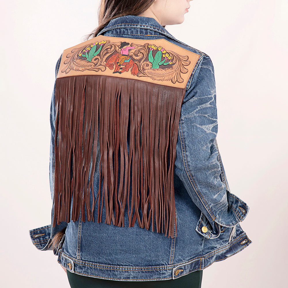 ADJKT017 Genuine leather Hand tooled hand carved Women 100% cotton Denim jacket dress ladies girl