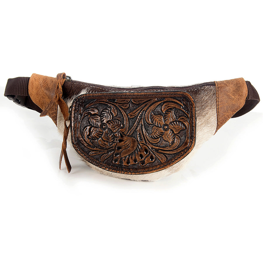 American Darling Western Fanny pack Hand Tooled Floral Carved Hair-On Cowhide Genuine Vegetable Tanned Leather Waist Bag