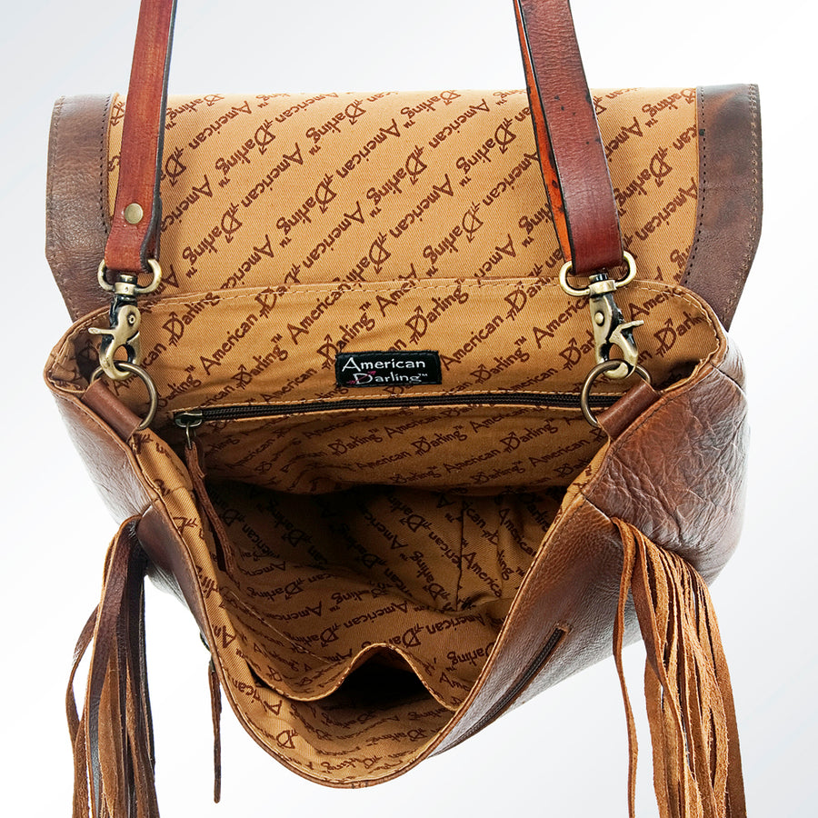 American Darling Messenger Hand Tooled Floral Carved Genuine Leather with Fringes Buck Stitched Western Accessories