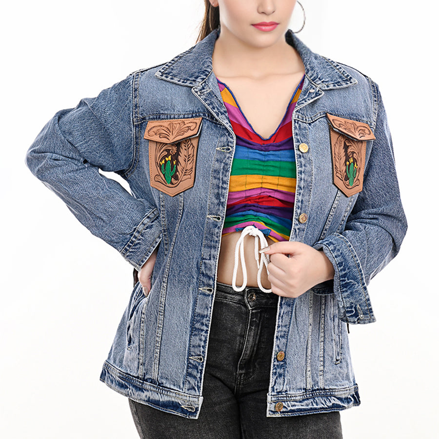American Darling Genuine leather Hand tooled carved Women 100% cotton Denim jacket dress ladies girl | Shirt for