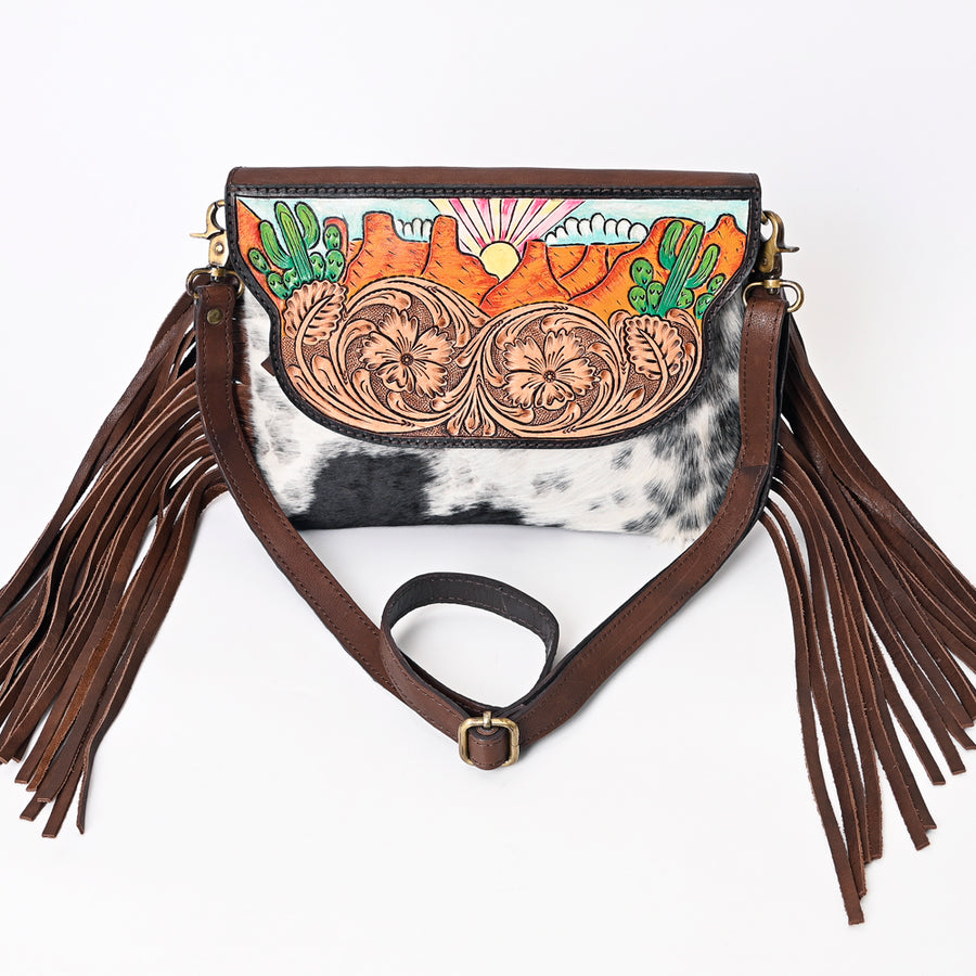 American Darling Genuine Leather Messenger Bag Women Hair-On Cowhide Floral Hand Tooled Crossbody Purse with Fringe YKK Zipper