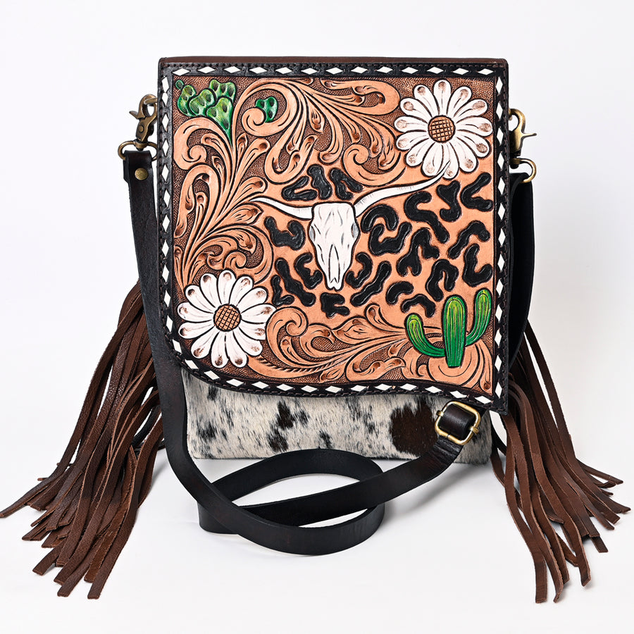 American Darling Genuine Leather Messenger Bag Women Hair-On Cowhide Hand Tooled Floral Buck Stitched Purse with Fringe