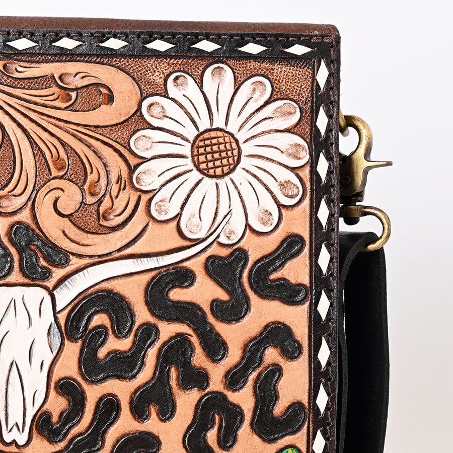 American Darling Genuine Leather Messenger Bag Women Hair-On Cowhide Hand Tooled Floral Buck Stitched Purse with Fringe