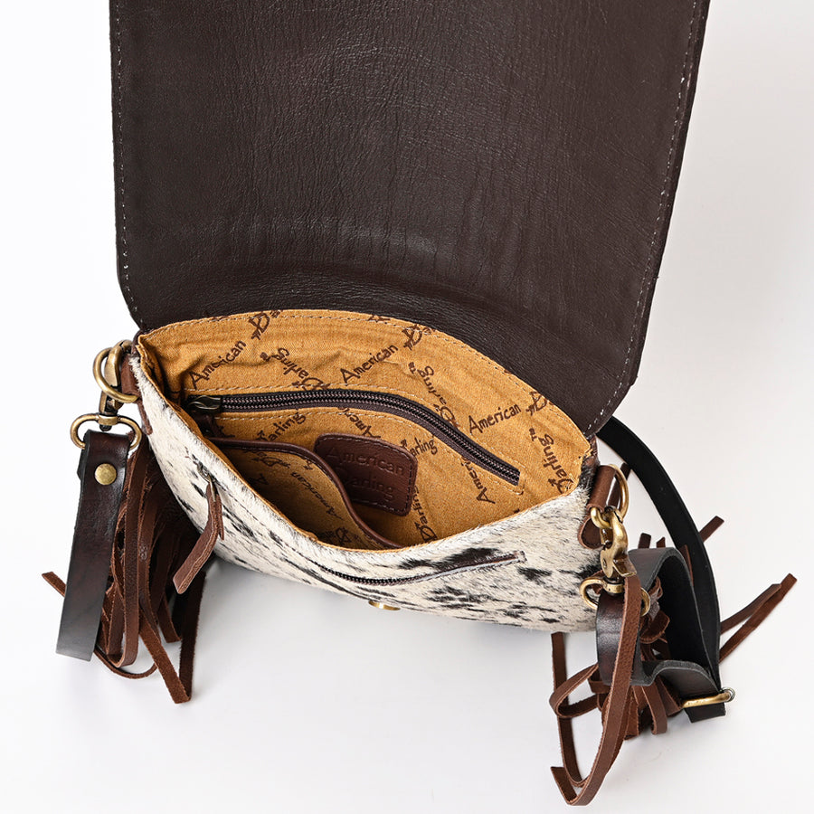 American Darling Genuine Leather Messenger Bag Women Hair-On Cowhide Hand Tooled Floral Buck Stitched Purse with Fringe