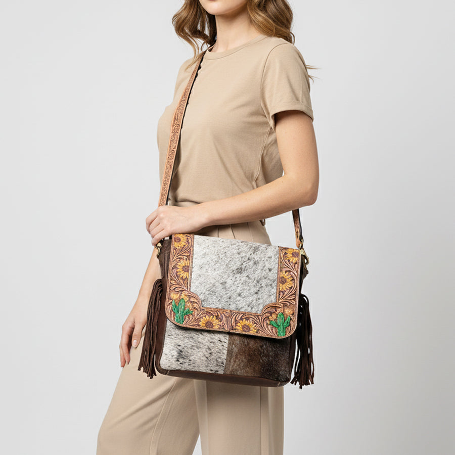 American Darling Genuine Leather Messenger Bag Women Hair-On Cowhide Floral Hand Tooled Purse with Fringe YKK Zipper