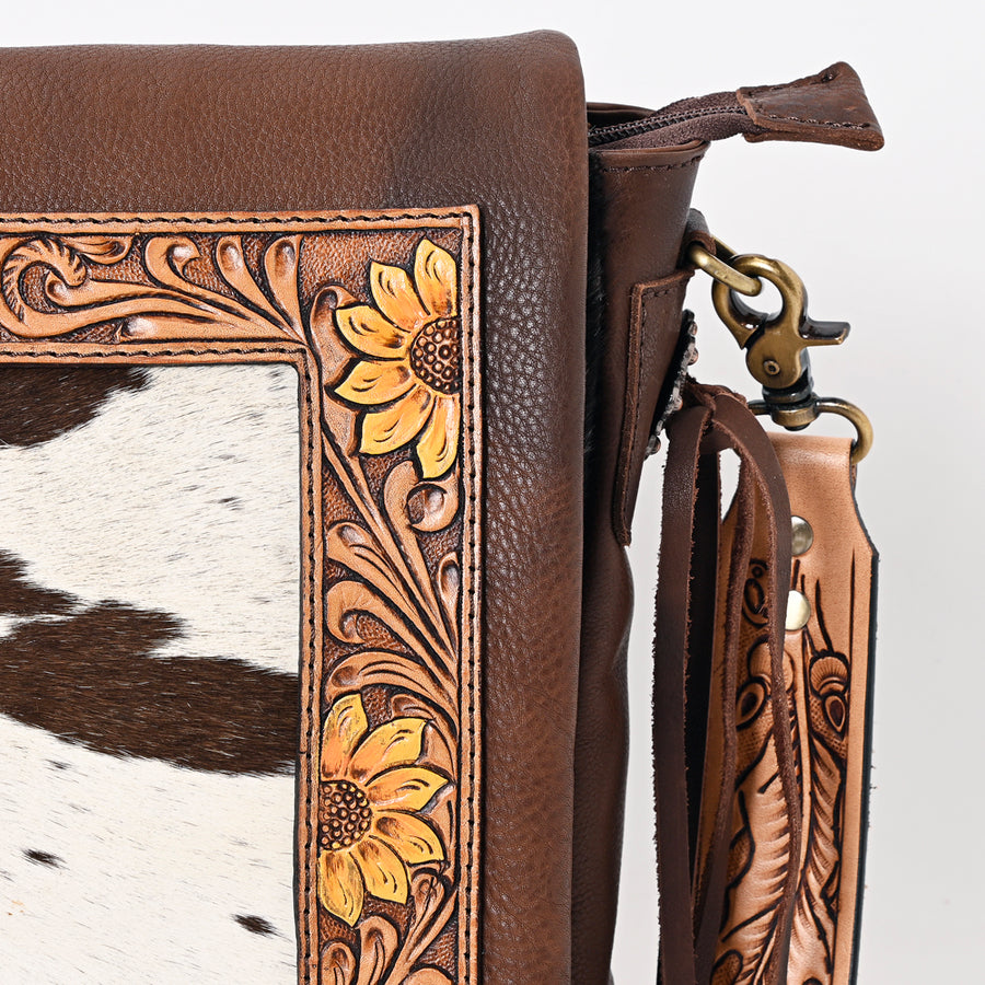 American Darling Genuine Leather Messenger Bag Women Hair-On Cowhide Floral Hand Tooled Purse YKK Zipper Full Grain