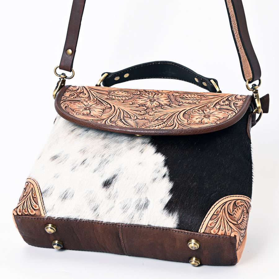 American Darling Genuine Leather Messenger Bag Women Hair-On Cowhide Floral Hand Tooled Purse YKK Zipper Full Grain