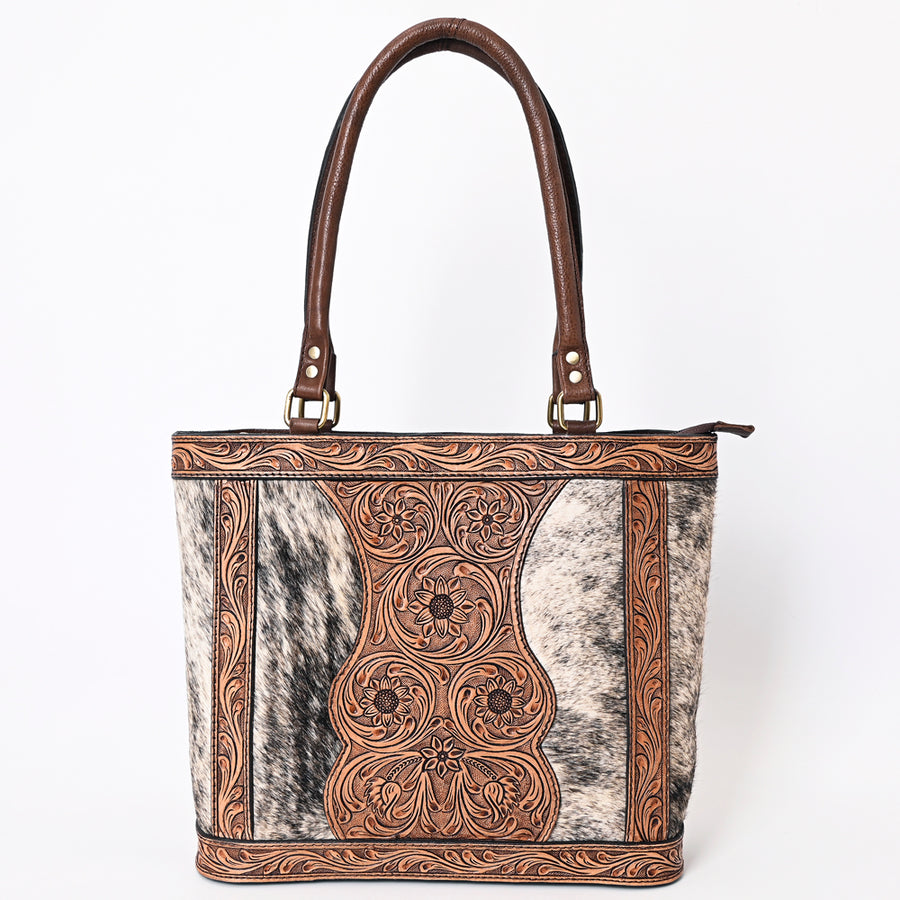 American Darling Genuine Leather Tote Bag Women Hair-On Cowhide Floral Hand Tooled Purse YKK Zipper Full Grain