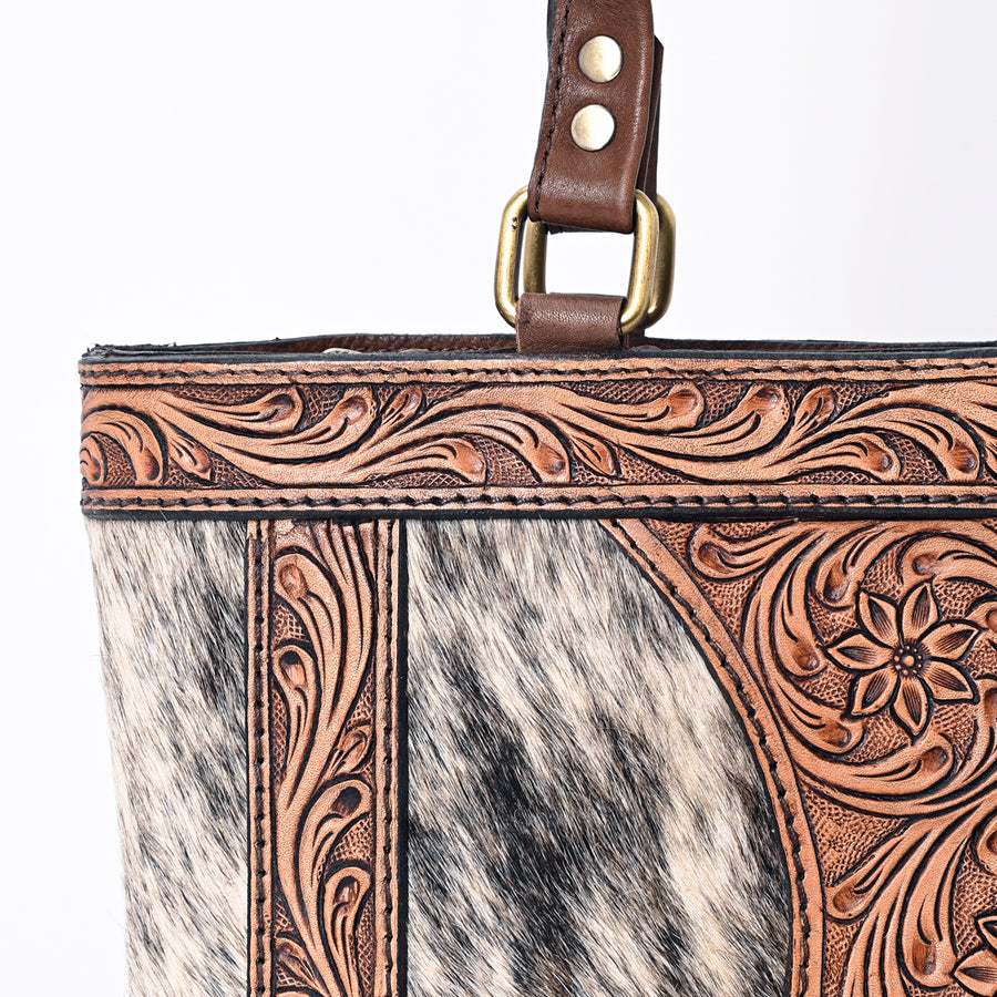 American Darling Genuine Leather Tote Bag Women Hair-On Cowhide Floral Hand Tooled Purse YKK Zipper Full Grain