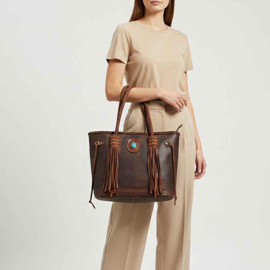 American Darling Tote Bag Western Genuine Leather Handcrafted Large Purse with Turquoise Stone, Fringes and YKK Zipper