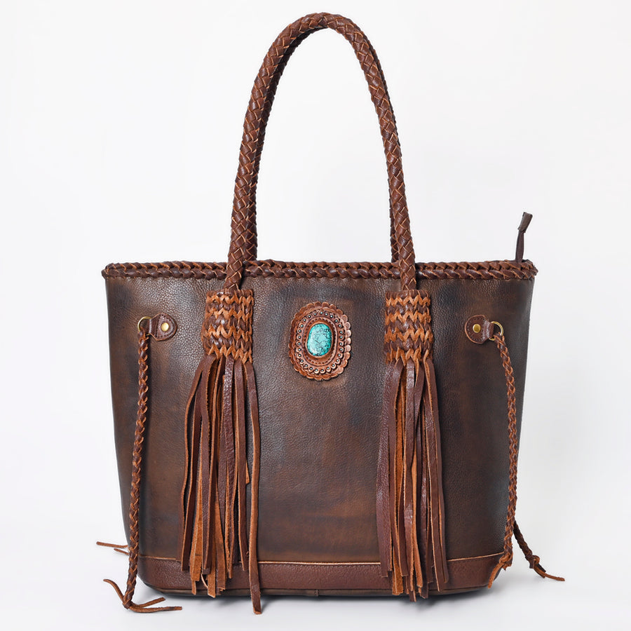 American Darling Tote Bag Western Genuine Leather Handcrafted Large Purse with Turquoise Stone, Fringes and YKK Zipper