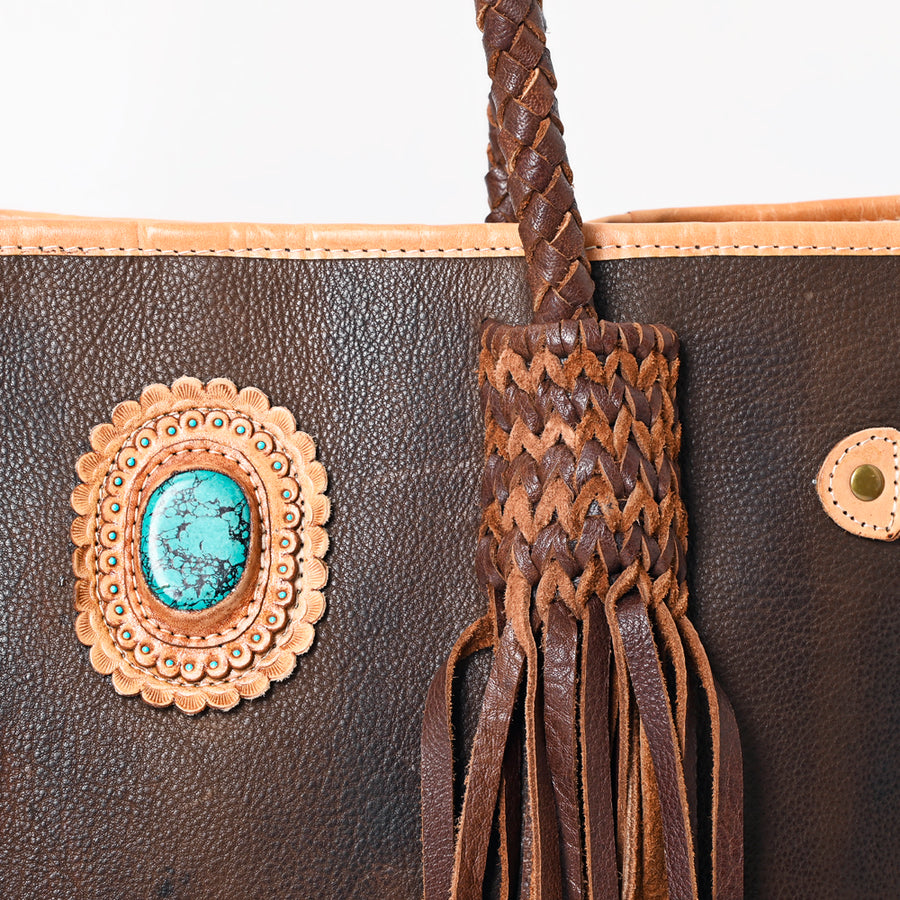 American Darling Tote Bag Western Genuine Leather Handcrafted Large Purse with Turquoise Stone, Fringes and YKK Zipper