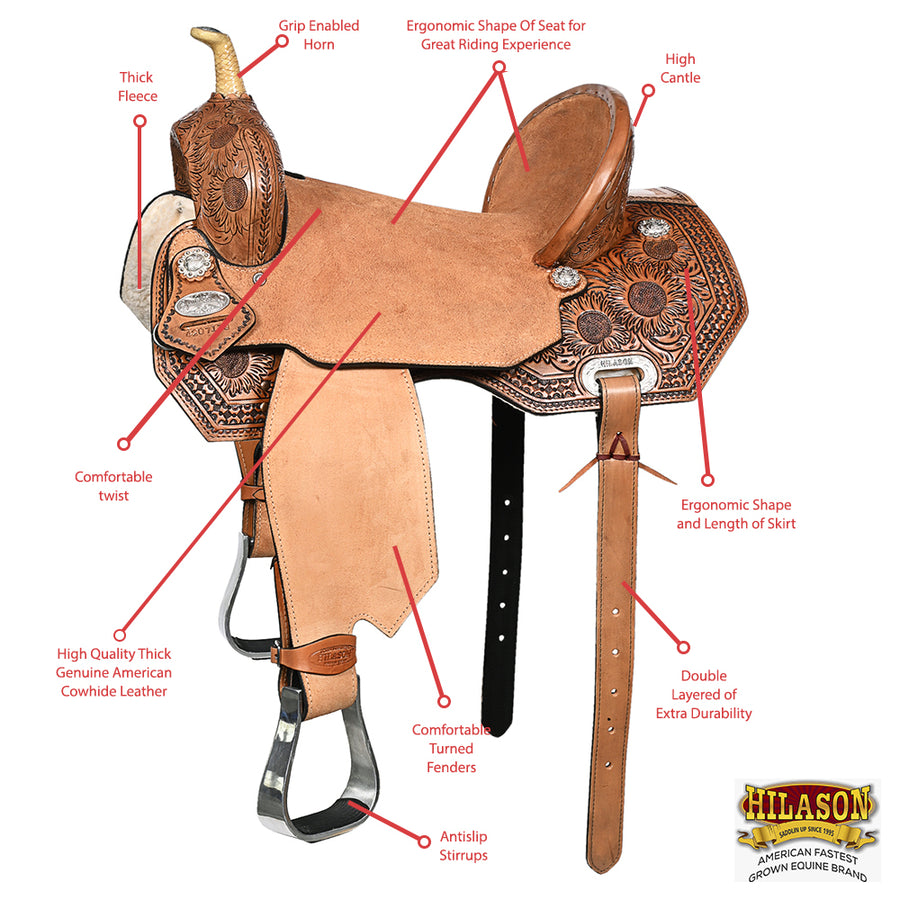 HILASON Flex Tree Western Horse Saddle in American Leather Barrel Trail | for Horses