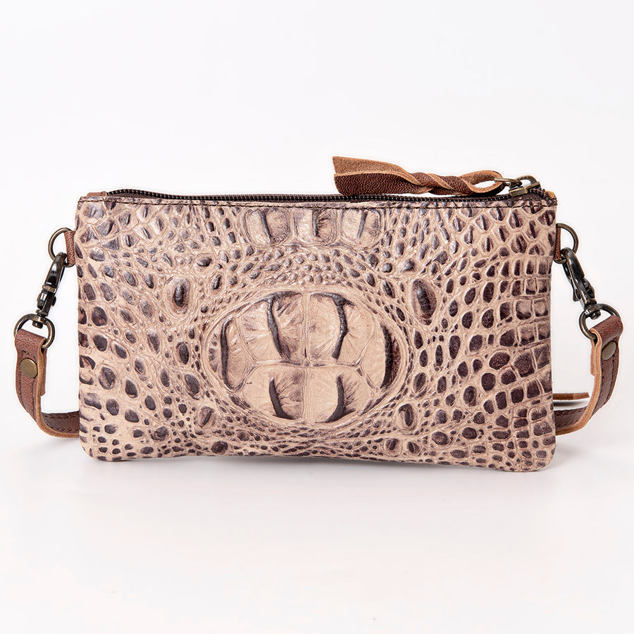 American Darling Wallet Bag for Women, Crocodile Embossed Full Grain Leather Western Clutch with YKK Zipper & Wrist Strap