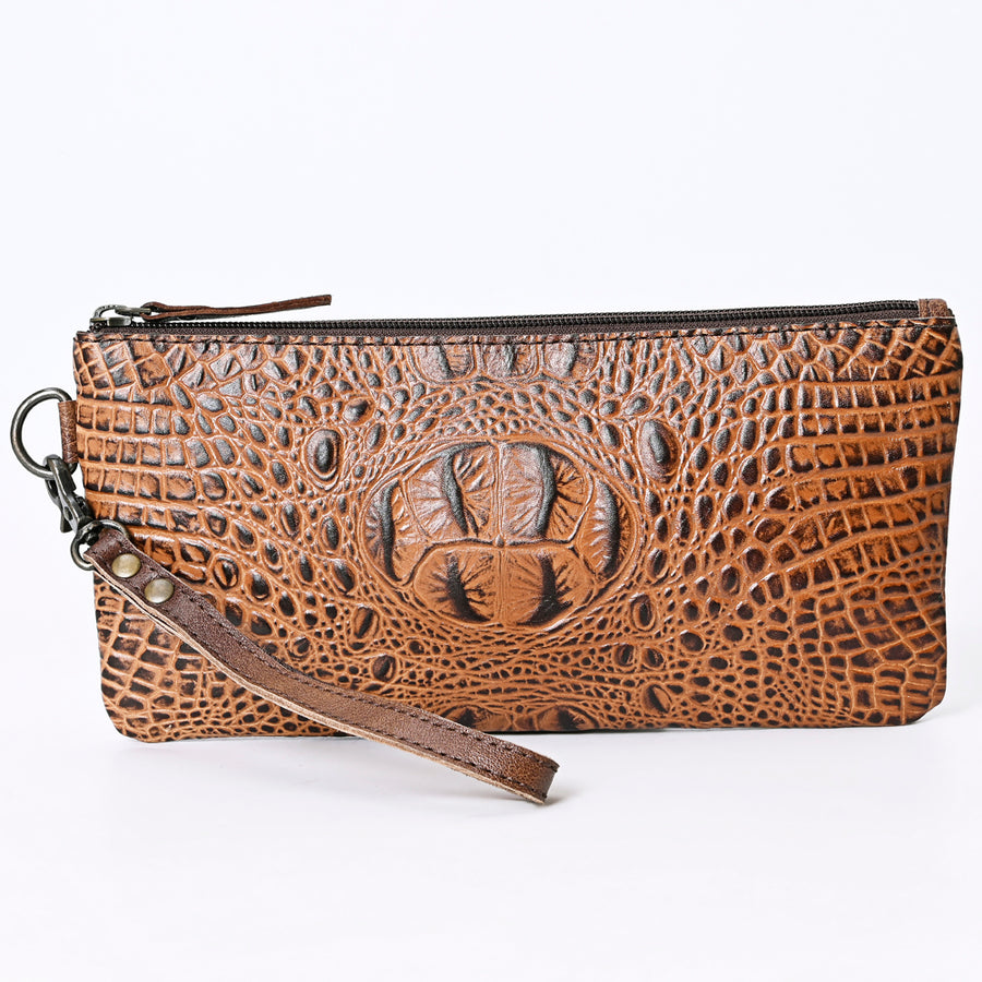 American Darling Wristlet Bag for Women, Crocodile Embossed Full Grain Leather Western Clutch with YKK Zipper & Wrist Strap