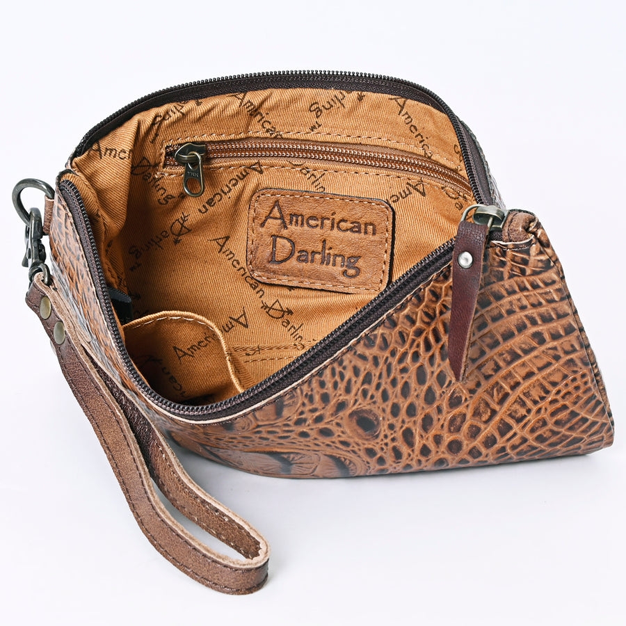 American Darling Wristlet Bag for Women, Crocodile Embossed Full Grain Leather Western Clutch with YKK Zipper & Wrist Strap