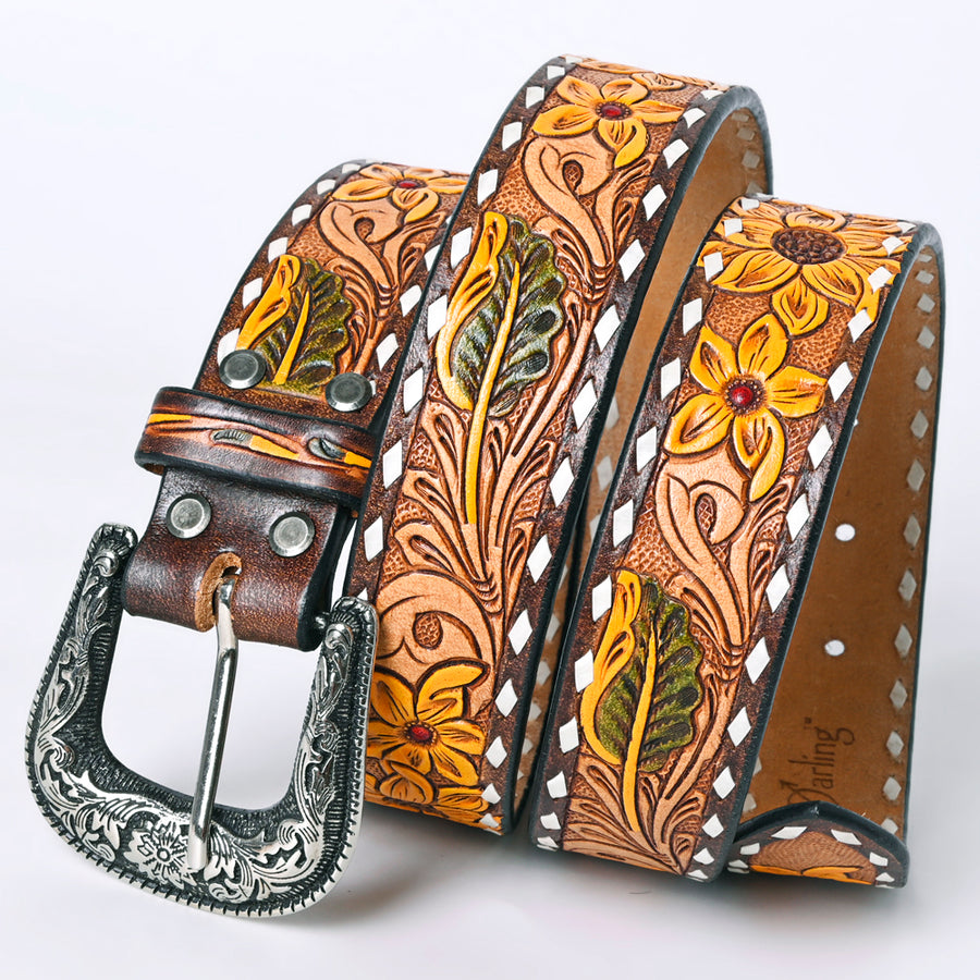 American Darling Beautifully Hand Tooled Brown Genuine Leather Belt Men and Women Western with Removable Buckle