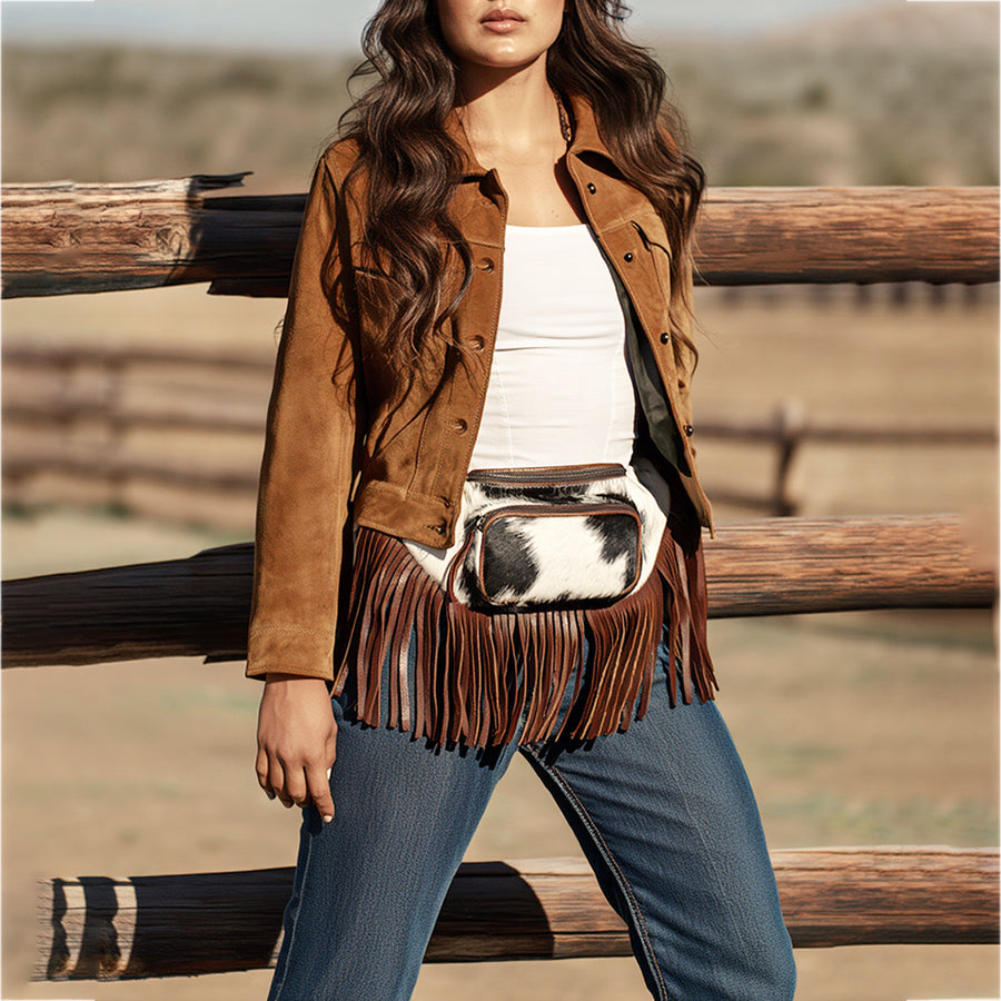 American Darling Handcrafted Western Leather Fanny Pack with Hair-On Cowhide & Fringes – Rugged & Functional, Adjustable Belt Bag