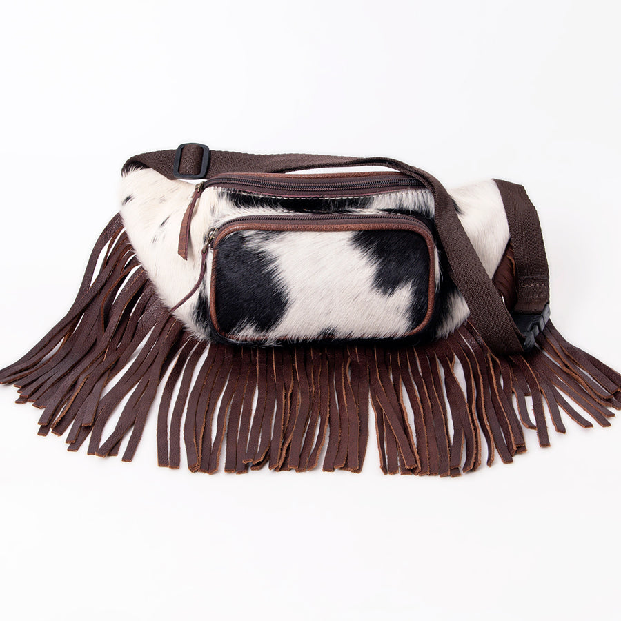 American Darling Handcrafted Western Leather Fanny Pack with Hair-On Cowhide & Fringes – Rugged & Functional, Adjustable Belt Bag