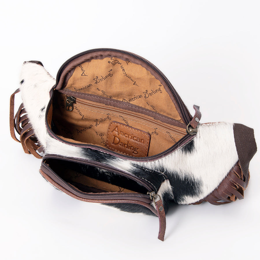 American Darling Handcrafted Western Leather Fanny Pack with Hair-On Cowhide & Fringes – Rugged & Functional, Adjustable Belt Bag