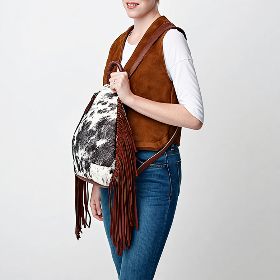 American darling Western Leather Sling Bag with Fringes, Hair-On Cowhide & Saddle Blanket – Handcrafted, Stylish & Durable, Perfect for Everyday Use