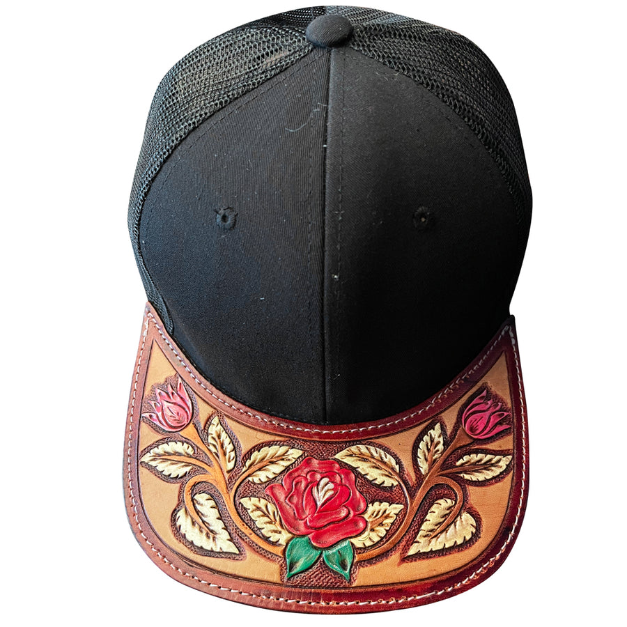 Black and tan leather baseball cap with floral tooling - Uhorse