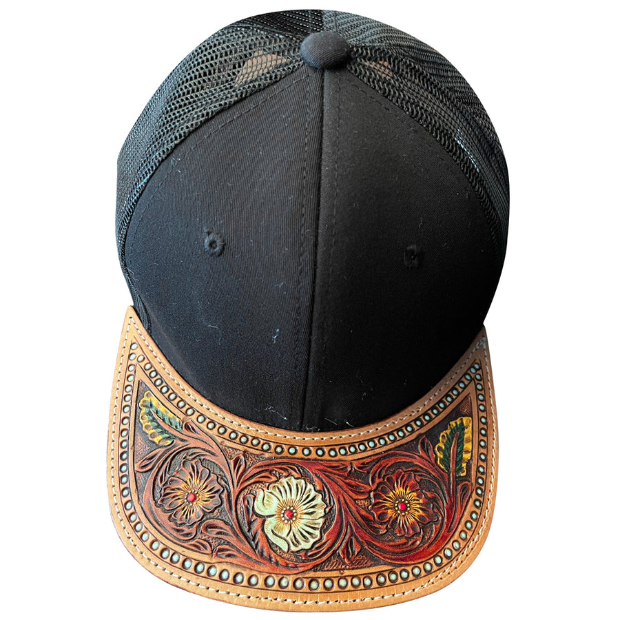 Black and tan leather trucker hat with tooled floral design - Uhorse