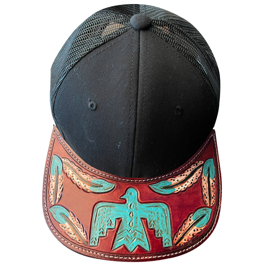 Black and red leather trucker cap with turquoise tooling - Uhorse