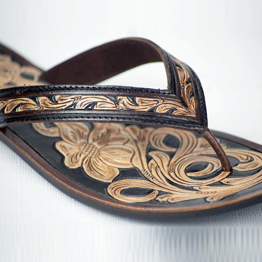 American Darling Hand Tooled Carved Genuine Leather Sandal Footwear Flip Flop Brown