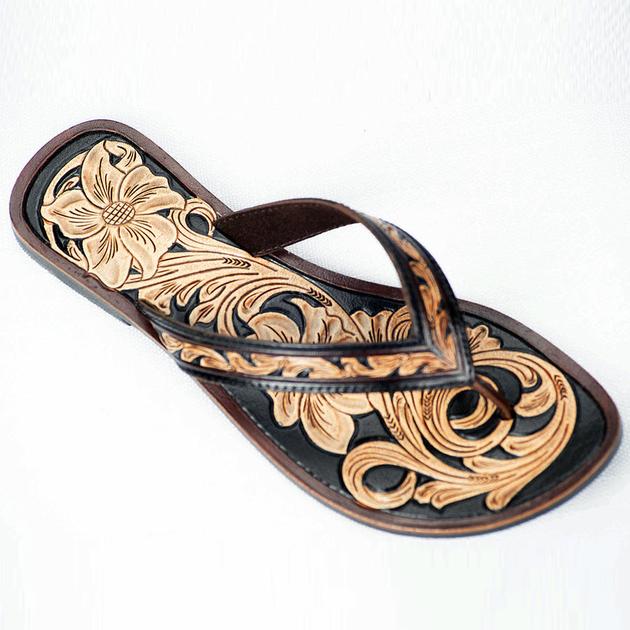American Darling Hand Tooled Carved Genuine Leather Sandal Footwear Flip Flop Brown