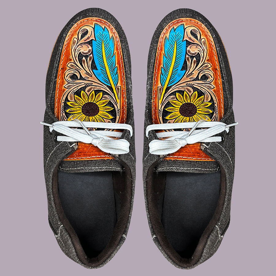 American Darling ADFT124 Hand tooled carved genuine leather trim lightweight shoe footwear slip on - Uhorse