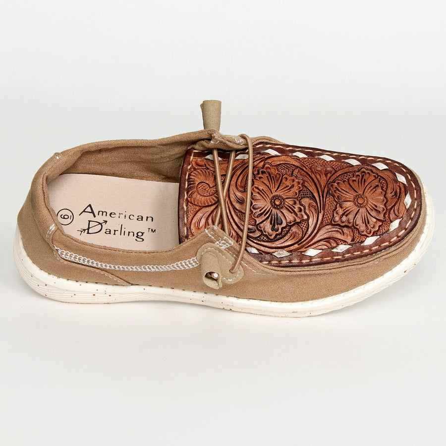 American Darling ADFT133BR4 Hand tooled, carved genuine leather trim lightweight shoe footwear| Tooled Footwear