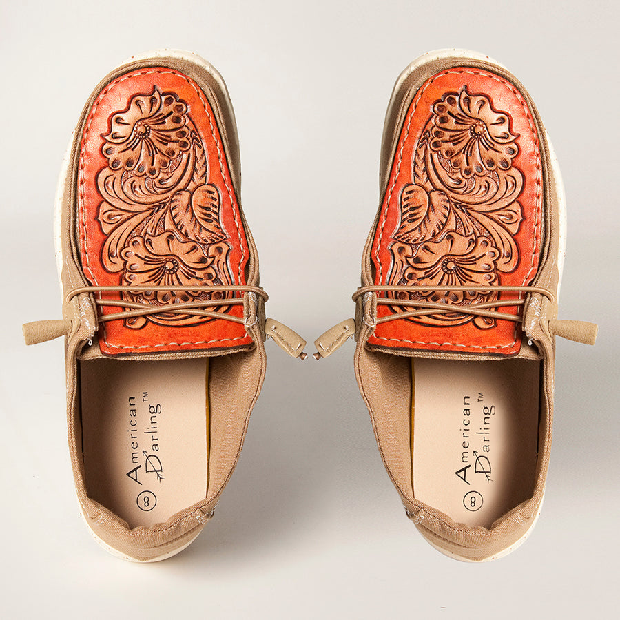 American Darling ADFT133BR11 Hand tooled carved genuine leather trim lightweight shoe footwear slip on - Uhorse