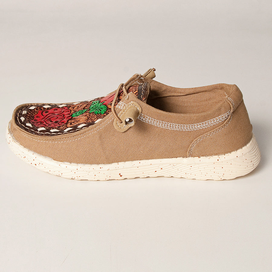 American Darling Hand tooled, carved genuine leather trim lightweight shoe footwear, slip on| Tooled Footwear