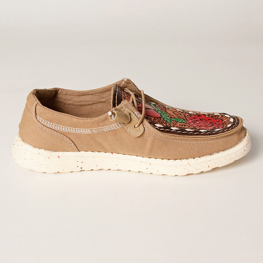 American Darling Hand tooled, carved genuine leather trim lightweight shoe footwear, slip on| Tooled Footwear
