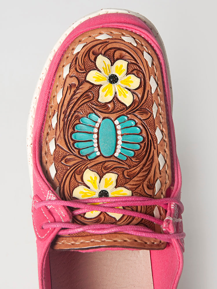 American Darling Hand tooled, carved genuine leather trim lightweight shoe footwear, slip on| Tooled Footwear