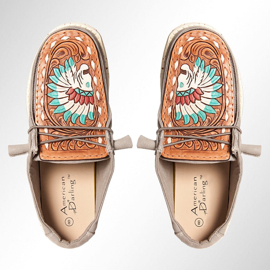 American Darling ADFT133GR1 Hand tooled carved genuine leather trim lightweight shoe footwear slip on - Uhorse