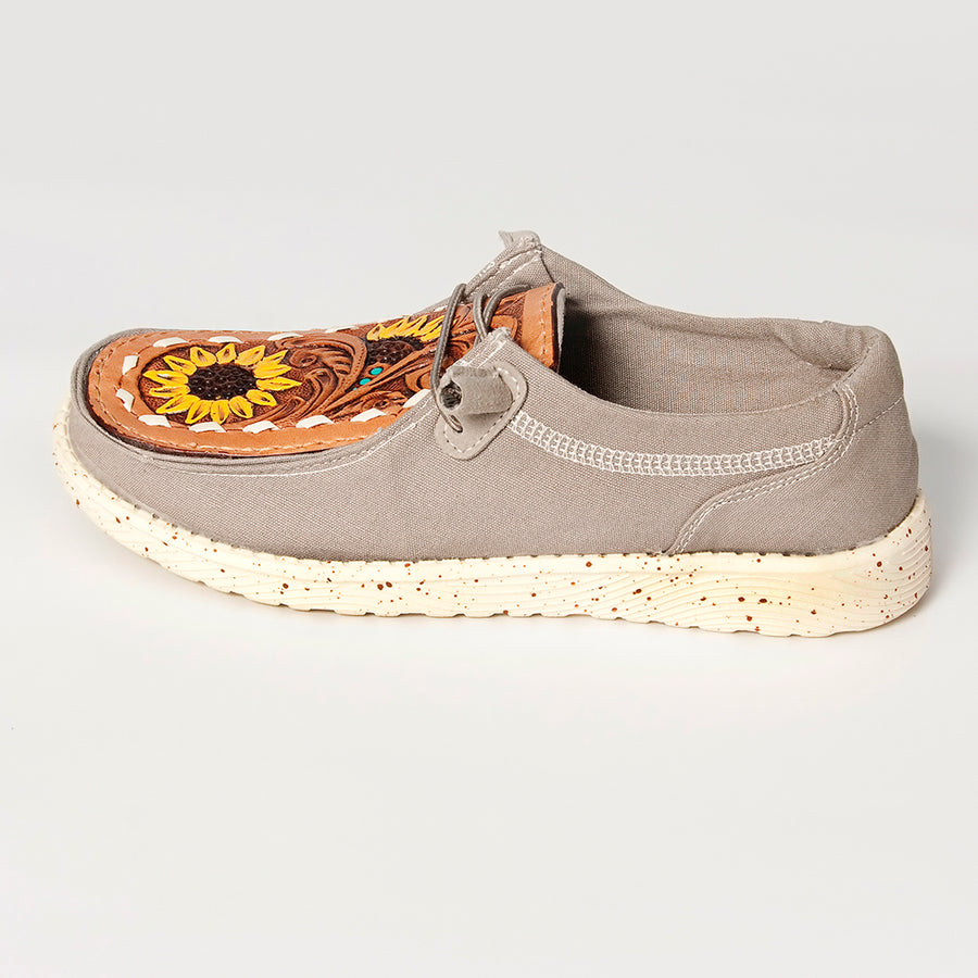 American Darling Hand tooled, carved genuine leather trim lightweight shoe footwear, slip on| Tooled Footwear