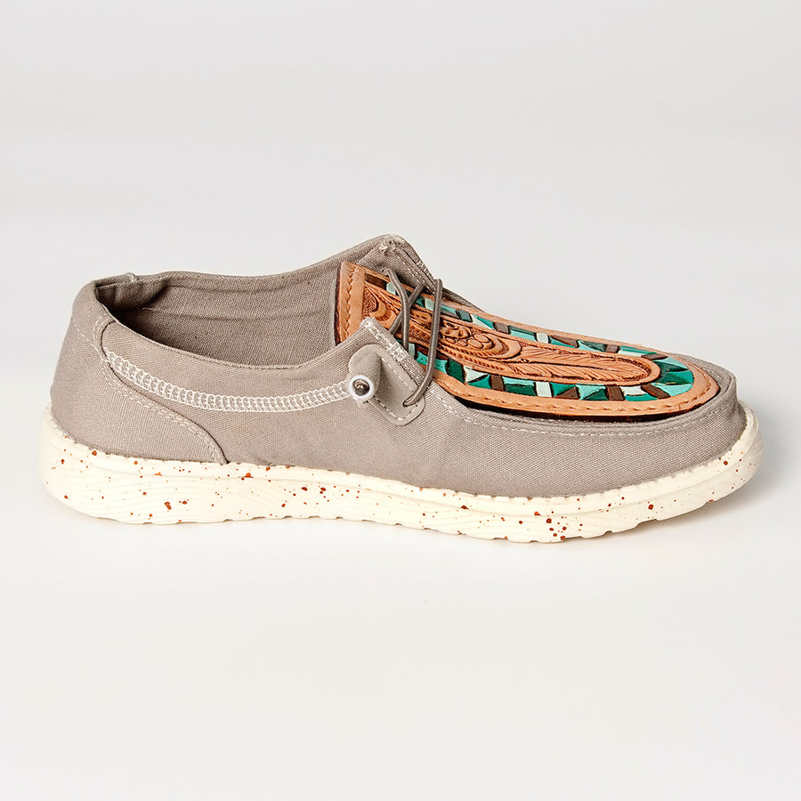 American Darling Hand tooled, carved genuine leather trim lightweight shoe footwear, slip on| Tooled Footwear