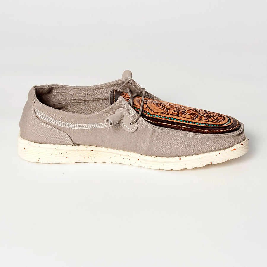 American Darling Hand tooled, carved genuine leather trim lightweight shoe footwear, slip on| Tooled Footwear