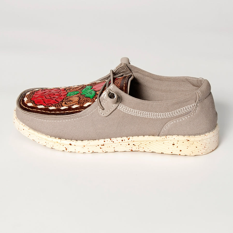 American Darling Hand tooled, carved genuine leather trim lightweight shoe footwear, slip on| Tooled Footwear